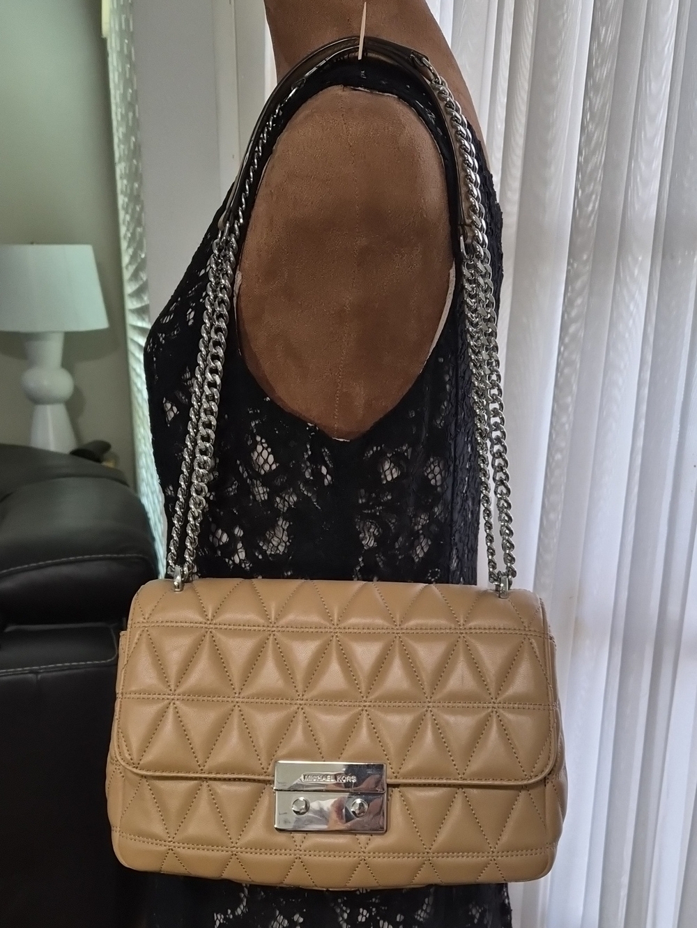 Michael Kors Quilted Camel Shoulder Bag with Silver Hardware